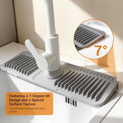 ZJWZLG Faucet Mat for Kitchen Sink, 17.7"X5.5" Silicone Sink Splash Guard with Soap Holder, Snap-On Design & 7°slope Fast Drain, Folding Sink Faucet Mat for Universal Kitchen Bathroom Sink（Grey） - Thumbnail 4