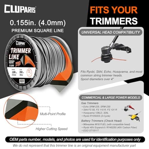 Cluparis .155-Inch Heavy Duty Trimmer Line, 3lb 292ft Professional Square Weed Eater String, 3-Component Tri-Extrusion for Extra Durability, Fits Echo Husqvarna Ryobi, with Super Line Cutter - Thumbnail 5