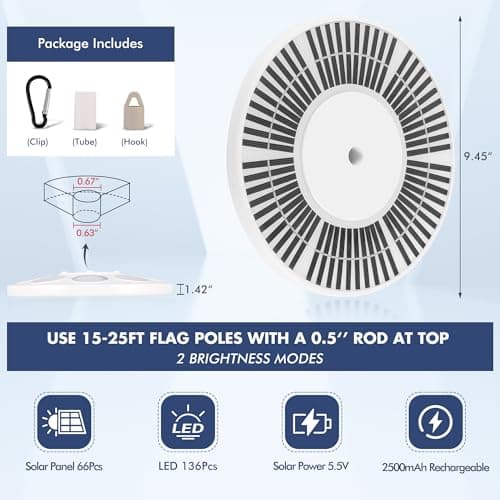 PPQ Solar Flagpole LED Light,New 136 LED Long Lifespan Flag Pole Light for 15-25 Ft Poles,Solar Powered Waterproof Lighting on Outdoor Pole Top,10 Hour Dusk to Dawn Auto On/Off - Thumbnail 6