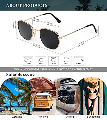 KALIYADI Sunglasses for Women and Men, Polarized Square UV Protection, Trendy Metal Frame Hexagon Sunglasses (2 Packs Grey&Brown) - Thumbnail 5