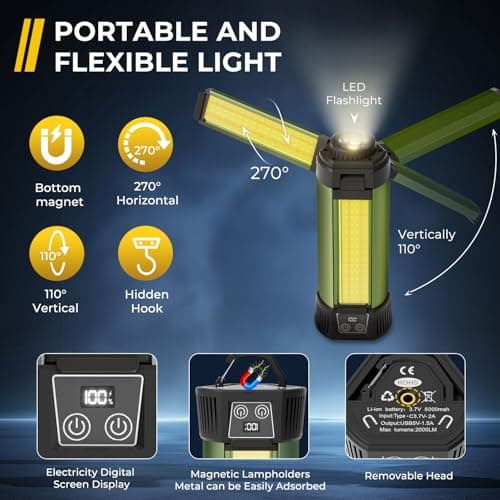 Geisofu Rechargeable Work Light with Stand, Outdoor LED Cordless Camping Light with Portable Telescopic Bracket, 3.7 Ft Tall 6AH Battery, 2000 Lumen Construction Lights with Carrying Bag Green Medium - Thumbnail 2