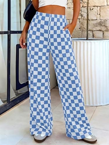 BTFBM Womens Checkered Palazzo Pants Wide Leg High Waisted Pockets Gingham Casual Lounge Pajama Trousers Summer Outfits(Plaid Blue,XX-Large) - Thumbnail 5