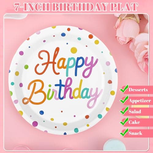 NatNarr 50 Pcs Happy Birthday Paper Plates and Napkins, 7 Inch Colorful Polka Dot Birthday Cake Dessert Plates Disposable Tableware Set for Birthdays Party Decorations, 25 Guests - Thumbnail 4