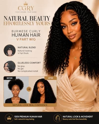 CGRY V Part Wig Human Hair Burmese Curly 18A Raw Glueless 3C/4A - Thumbnail 2