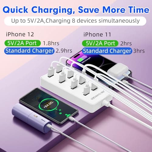 USB Wall Charger USB Charging Station for Multiple Devices 8-Ports Power Hub Strip Smart Charger Block Compatible with iPhone, Galaxy, iPad Tablet, and Other Devices（White） - Thumbnail 4