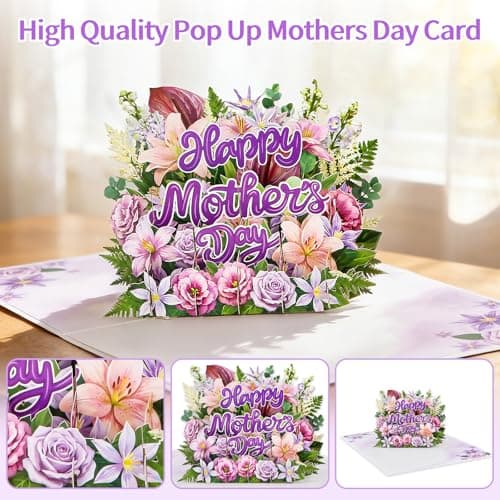 FaCraft Pop Up Mothers Day Cards - 3D Purple Lily & Rose Bouquet Card for Mom - Large 8x6 Happy Mother’s Day Card with Writing Note, Seal & White Pearlescent Envelope - Thumbnail 2