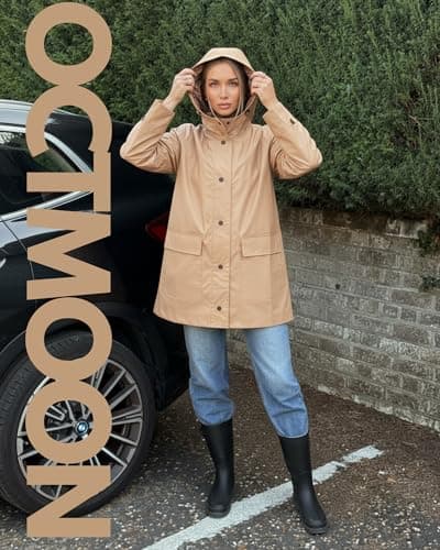 Women’s Lightweight Rain Coat, outdoor coat – Waterproof Raincoat Jacket with Hood, Classic Button-Up Trench Coat for Women, Stylish PU Coated Rain Gear with Detachable Shoulder Decor-（Camel）L - Thumbnail 3