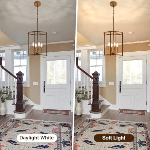 4 Light Chandelier,Farmhouse Ceiling Light Wood Grain Lantern Light Fixtures with Metal Cage Adjustable Height Rustic Hanging Light E12 Base for Kitchen Island, Dining Room, Living Room,Entryway - Thumbnail 4