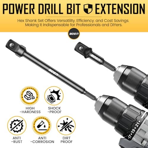 BOEN 6-Piece Impact Grade Socket Adapter Set, 3-Inch & 6-Inch Hex Shank Extension Bit, 1/4", 3/8", and 1/2" Drive, Adapt Your Power Drill To High Torque Impact Wrench - Thumbnail 5