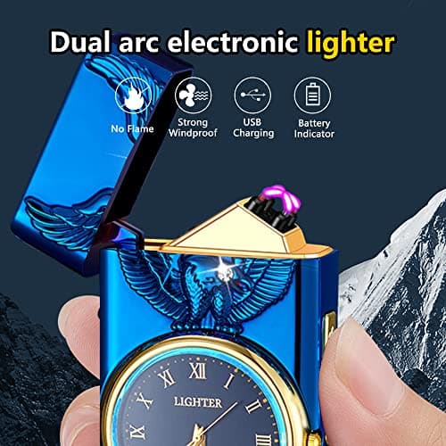 RSBYE Watch Electric Dual Arc Plasma Lighter, USB Rechargeable With Battery Display, Clock & Flashlight - Unique Gift for Men and Women (Eagle Blue) - Thumbnail 4