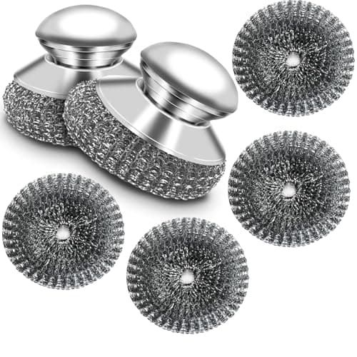 Stainless Steel Scrubber with Handle, Heavy Duty Steel Wool Scrubbers for Pots and Pans, Cast Iron, Steel Wool Scouring Pads for Stove, Oven, Grill, Kitchen, Sink Cleaning - Image 1