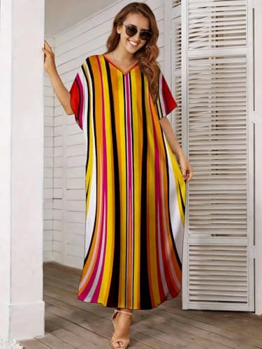 ZIRHYSTA Kaftan Dress for Women Beach Cover Ups, Plus Size V Neck Maxi Swimsuit Coverup, Oversized Caftans for Pool Resort S-XXL (Sunset Stripe) - Thumbnail 4