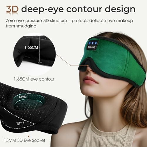 BeMyLady Sleep mask Headphones,100% Blackout 3D Zero Eye Pressure Bluetooth Sleep mask Breathable Eye mask with Bluetooth Headphones Sleep Headphones for Side Sleepers 14H Playtime&Bluetooth 5.4 Green - Thumbnail 3