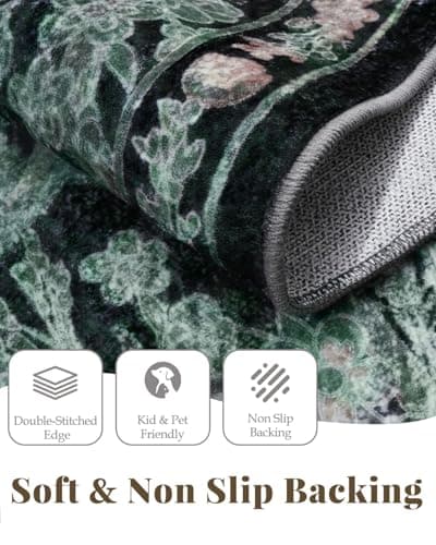 Farmhouse Dark Green Dining Room Rugs for Under Table - 6x9 Washable Cottagecore Distressed Low Pile Non Slip Flora Rug for Living Room, Bedroom, Nursery, Home Office - Soft Boho Moody Accent Mat - Thumbnail 6