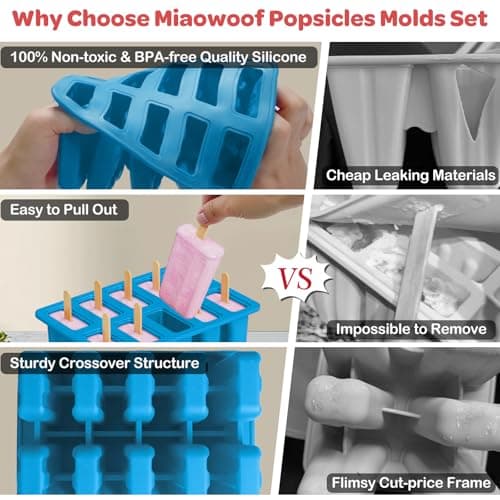 Miaowoof Homemade Popsicle Molds, 10-Cav Non-BPA Silicone Ice Pop Maker, with 50 Sticks, 50 Bags, 10 Reusable Sticks, Funnel, Brush and Ice Pop Recipe (Blue) - Thumbnail 3