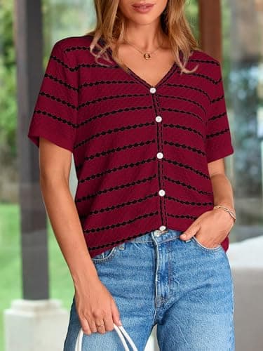 NALANISA Short Sleeve Sweaters for Women Trendy 2026 Spring Summer Tops V Neck Striped Button Up Causal Dressy Blouses (Dark Red,XL) - Thumbnail 4