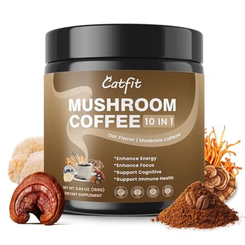 Catfit Instant Mushroom Coffee Powder, 10-in-1 Adaptogen Blend with Lion's Mane, Chaga & Cordyceps for Energy, Focus, Gut Health & Immune Support - 50 Servings