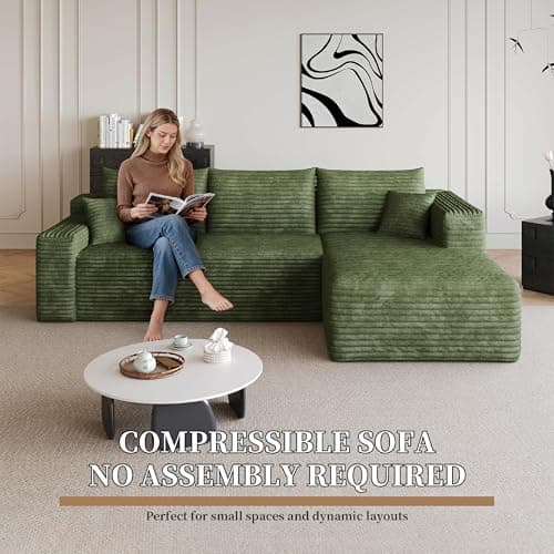 96" Cloud Sectional Small Couches for Small Space, L Shaped Sofa Green Corduroy Modular Boneless Couch with Chaise Deep Seat for Apartment and Livingroom, No Assembly Required (Right Facing Chaise) - Thumbnail 3