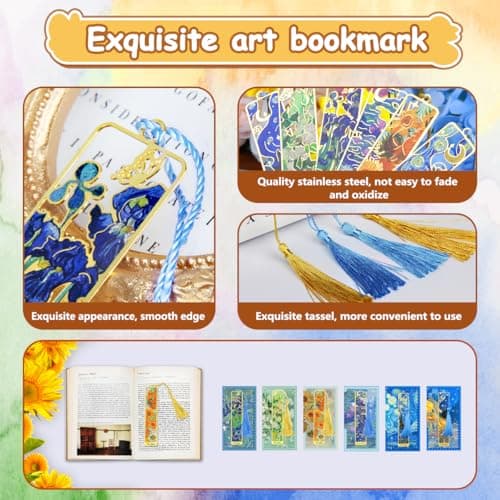Kinsound Metal Bookmarks with Tassel, Golden Van Gogh Monet Oil Painting Theme Cute Hollow Book Markers for Reading Women, Teachers, Students, Reading Accessories Gifts for Book Lovers (Style A(6PCS)) - Thumbnail 5