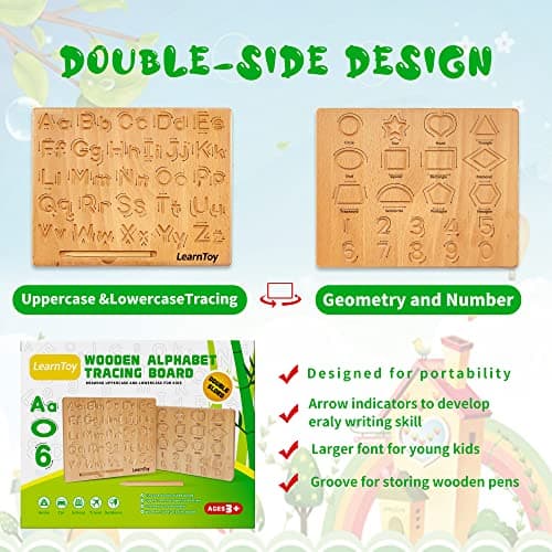 LearnToy Montessori Wooden Alphabet Tracing Board - Educational Toy for Kids - Fine Motor Skills Development - Double-Sided Writing Practice - Ideal Gift for Preschool 3-5 Years Old. - Thumbnail 2