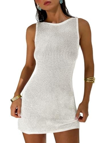 ANRABESS Women Swimsuits Cover Up Slim Crochet Swimwear Summer Tank Little Dress Bathing Suit Vacation Beach Clothes Outfits White X-Large - Image 1