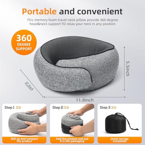 ThreeHome Travel Pillows for Airplanes, 100% Pure Memory Foam Neck Pillow with Skin-Friendly Silk Cover, Ergonomic Support, Washable Cover, Eye Mask, Earplugs, Ideal Neck Pillow for Flight Trips - Thumbnail 2