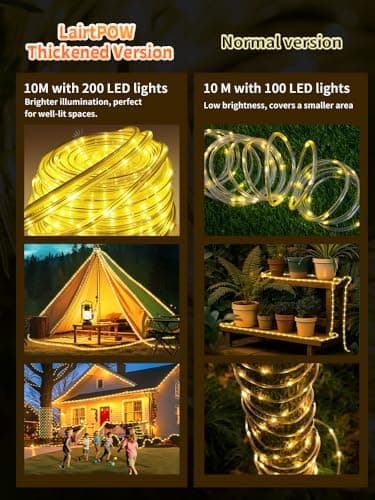 Larger Tube Solar Rope Lights 200LEDs Waterproof,Rechargeable Battery,Dual Charging,39FT Outdoor String Light,Remote-Control,for Pathway Patio Garden Palm Tree Christmas (Brighter - Warm White) - Thumbnail 4