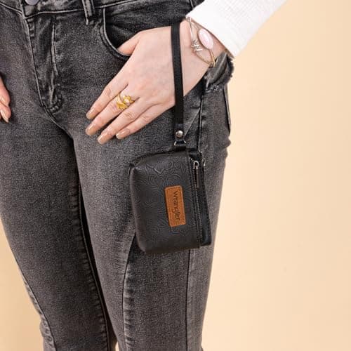 Montana West Wrangler Coin Purse for Women RFID-blocking Floral Embossed Change Pouch Wristlet Wallet Lightweight Portable Wallets Black - Thumbnail 2