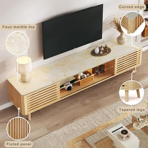 HUAHUU 70" TV Stand for 55/65/75 Inch TV, Faux Marble Top Entertainment Center with Slatied Sliding Door & LED Lights, Mid Century Modern Style, Low TV Console with Glass Shelves for Bedroom - Thumbnail 3