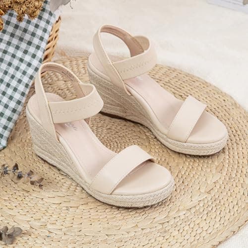 Vepose Women's Nude Pu Wedge Sandals Platform Espadrilles Open Toe Ankle Strap Comfortable Dressy Summer Shoes for Daily Travel Casual 881 Size 7 (CJY881 nudepu 07) - Thumbnail 3