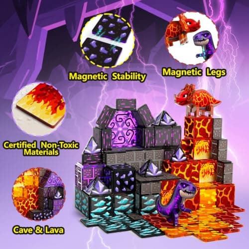 GobiDex Dinosaur Toys Magnetic Tiles Lava Cave Dinosaur World Set - Magnetic Building Blocks for Kids 3-5 5-7 Girls Boys Toys Age 4-6 6-8, STEM Sensory Toddler Birthday Gifts for 3+ Year Old Kids Toy - Thumbnail 6