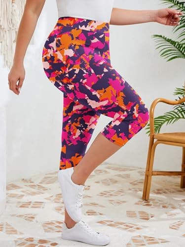 AusLook Plus Size Capri Leggings for Women with Pockets High Waisted Tummy Control Cropped Rosy Clouds 3X Leggings Buttery Soft Stretch Casual Lounge Workout Pants - Thumbnail 5