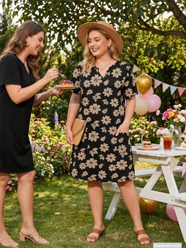AusLook Plus Size Midi Dress for Women V Neck Short Sleeve Summer Casual Loose Fit Vacation 5X Sundress with Pockets - Thumbnail 2