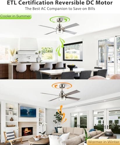 CalorHoga 52 Inch Ceiling Fans with Lights and Remote/APP, Brushed Nickel Ceiling Fan Modern, ETL Listed, 3CCT Dimmable, Timer, 6-Speeds, Quiet Reversible DC, Smart Silver Fan for Bedroom Living Room - Thumbnail 6