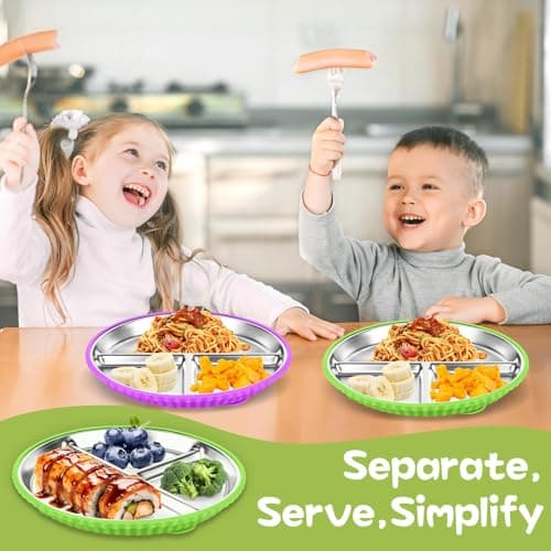 Semloo Stainless Steel Kids Plates with Suction, 2Pack 9" Divided Toddler Plates Removable Non Slip Silicone Sleeves Baby Feeding Led Weaning Supplies, BPA Free, Unbreakable Dishwasher Safe - Thumbnail 6