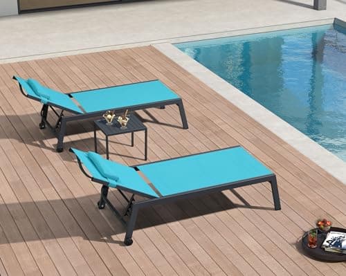 PURPLE LEAF Outdoor Oversized Lounge Chair Set of 3 Patio Chaise Pool Lounger Aluminum Frame with Side Table and Wheels for Outside Sunbathing Tanning Recliner Including Pillows Turquoise Blue - Image 1