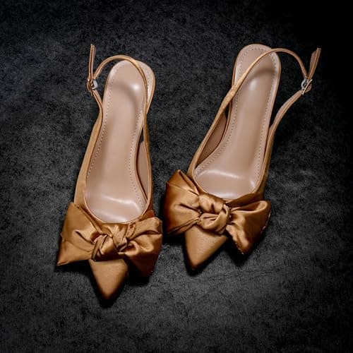 RUSAUISE Tan Kitten Heels Women Closed Pointed Toe Bow Pump Shoes Slingback Dressy Comfortable Low 2 Inch Heel Size 12 - Thumbnail 2