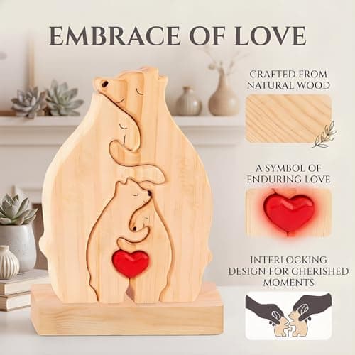 Personalized Wooden Bears Family Puzzle with Heart Decorations, Blank Bear Sculptures with Base for Home Decor, Housewarming Birthday Gift for Parents (4 Bears) - Thumbnail 3