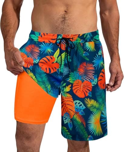 XiaoMoSha Mens Swim Trunks 9 Inch Board Shorts with Compression Liner Swimsuit Quick Dry Bathing Suit with Pockets Hawaiian Summer Beach Surf Swimwear XL Orange Leaves - Image 1