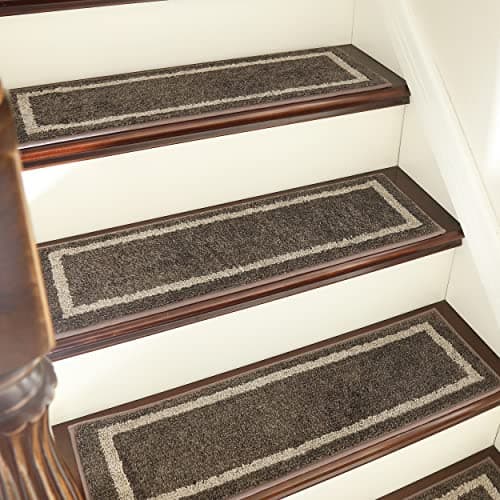 COSY HOMEER Soft Stair Treads Non-Slip Carpet Mat 28inX9in Indoor Stair Runners for Wooden Steps,Stair Rugs for Kids and Dogs, 100% Polyester TPE Backing 4pcs,Brown,Square