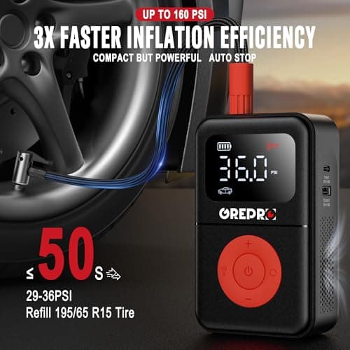 GREPRO Tire Inflator Portable Air Compressor, 160 PSI Portable Air Pump with Digital Pressure Gauge, LED Light, and Multiple Adapters for Car, Motorcycle, Bicycle, and Other Inflatables - Thumbnail 2