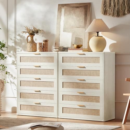 LEYAOYAO Rattan Dresser for Bedroom, 41" Tall Dressers Chest of Drawers, Boho Small Dressers with 5 Drawers, Grey White Dresser Wooden Closet Organizer for Living Room, Hallway - Thumbnail 4