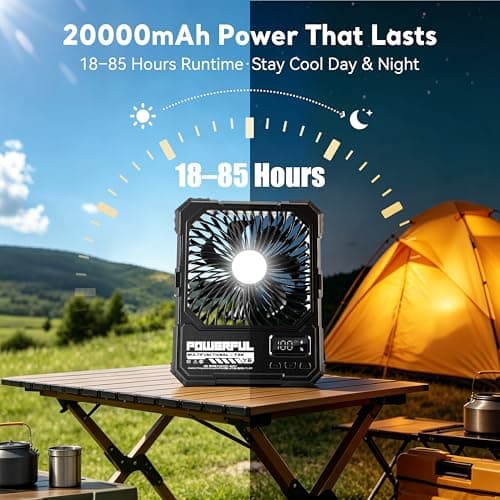 NAOIY Portable Fan, Camping Fan, 20000mAh 6-Inch 18-85H Rechargeable Ultra Thin Foldable with Built-in Power Bank, LED Light, Remote Control, Hook for Outdoor Camping Tent RV Travel (Khaki) - Thumbnail 3