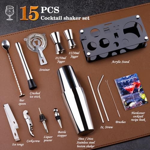 Cocktail Shaker Set Bartender Kit : 15-Piece Bar Tool Set with Acrylic Stand Bars Set with All Practical Bar Accessories, for Drink Mixing, Bar, Home, Lounge & Party, Silver - Thumbnail 2