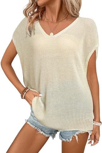 Arach&Cloz 2025 Women Summer Sweaters Vest Crochet Tops Plus Size Trendy Oversized Boho Short Sleeve Fashion Vacation Outfits Clothes Country Concert Outfits Resort Wear Apricot - Image 1