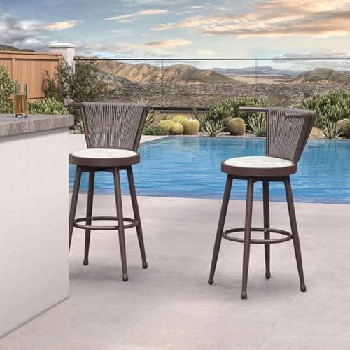 PURPLE LEAF Outdoor Swivel Counter Height Bar Stools Set of 2 Metal Modern Wicker Bar Chairs Wraparound Back and Armrests Aluminum Woven Barstools with Cushions for Kitchen Balcony Garden Indoor Brown - Thumbnail 3