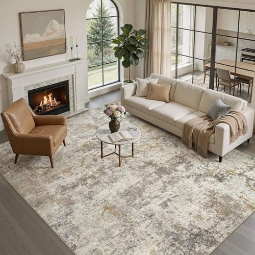 kakania 8x10 Washable Area Rug: Abstract Modern Non Slip Soft Low Pile Carpet, Easy Clean Polyester Kid Pet Friendly, Thin Rug for Living Room Bedroom Kids Dorm Office, Robot Vacuum - Brown Gold - Image 1