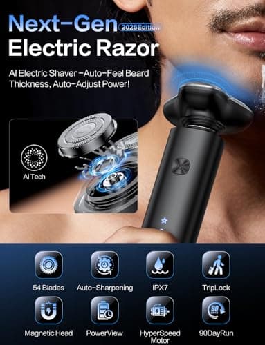 Electric Razor for Men, 4D Floating Rotary Razor, Wet & Dry Waterproof IPX7, USB-C Fast Charging, LED Display, Adaptive Speed Control, Low Noise Cordless Electric Razor with Travel Lock - Thumbnail 2