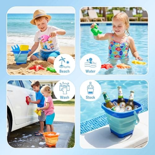 Dreamon Beach Toys for Kids 3-10, Collapsible Sand Castle Toys for Beach Include 3 Pack Foldable Buckets, Shovels Molds and Storage Mesh Bag, Sandbox Travel Toy for Toddlers Kids - Thumbnail 5