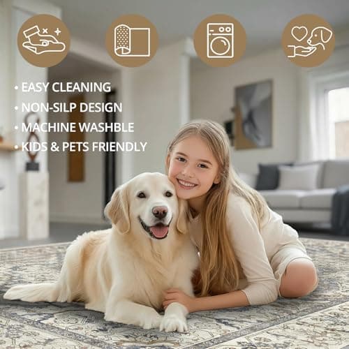 EiniHliw 2x6 Washable Kitchen Runner Rug, Non Slip Vintage Runner Rugs for Hallway, Ultra-Thin Low Pile Distressed Kitchen Rugs Non Skid, Machine Washable Laundry Entryway Indoor Carpet,Beige/Blue - Thumbnail 4
